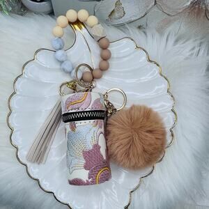 Vintage Floral Patterned Women's Coin Purse or Bag Charm Accessory Beige